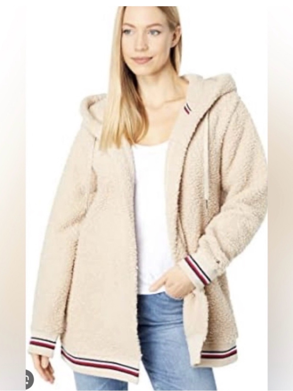 Tommy Hilfiger Beige Sherpa Hooded Coatigan Jacket with Striped Trim Large NEW